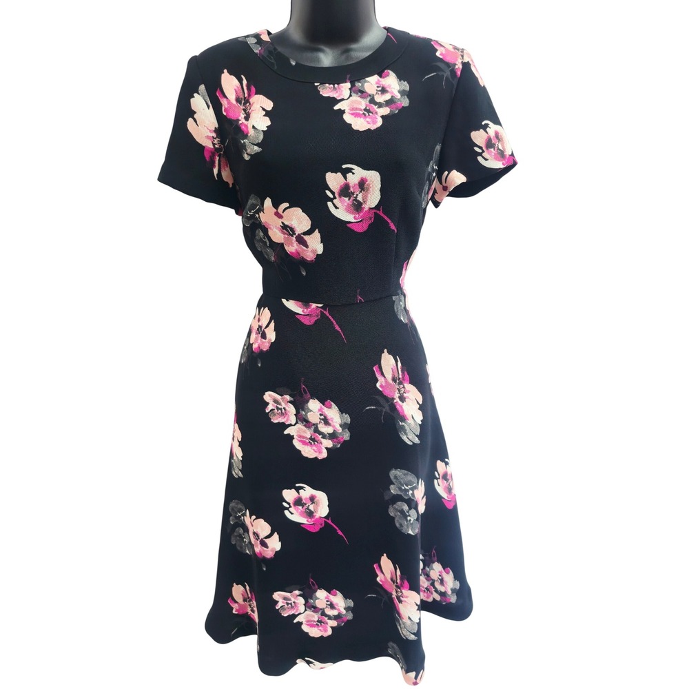NWT Talbots Pink Floral Fit and Flare Dress Black Short Sleeve 2 51132279